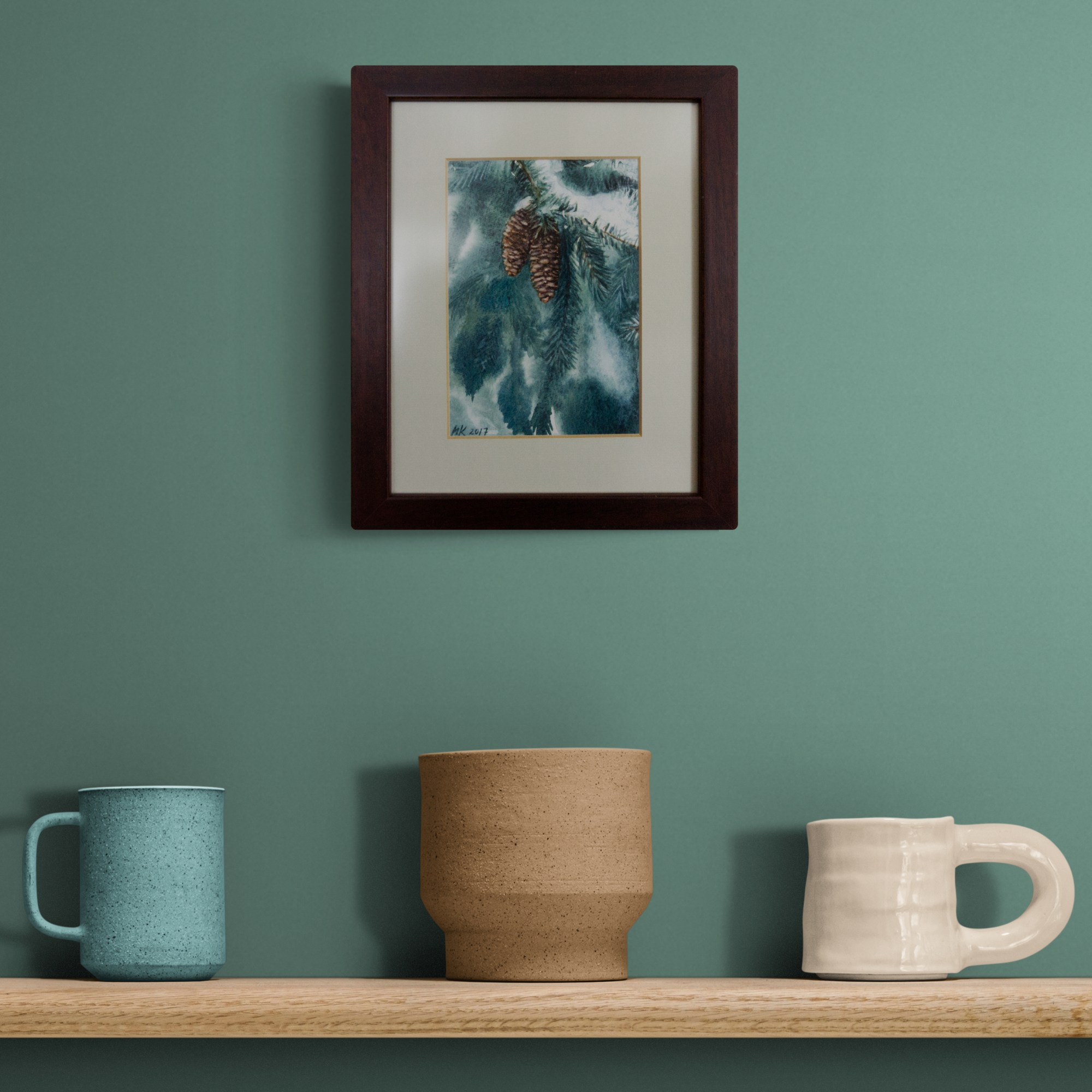 Akvarellmaal Käbid kuusel interjööris