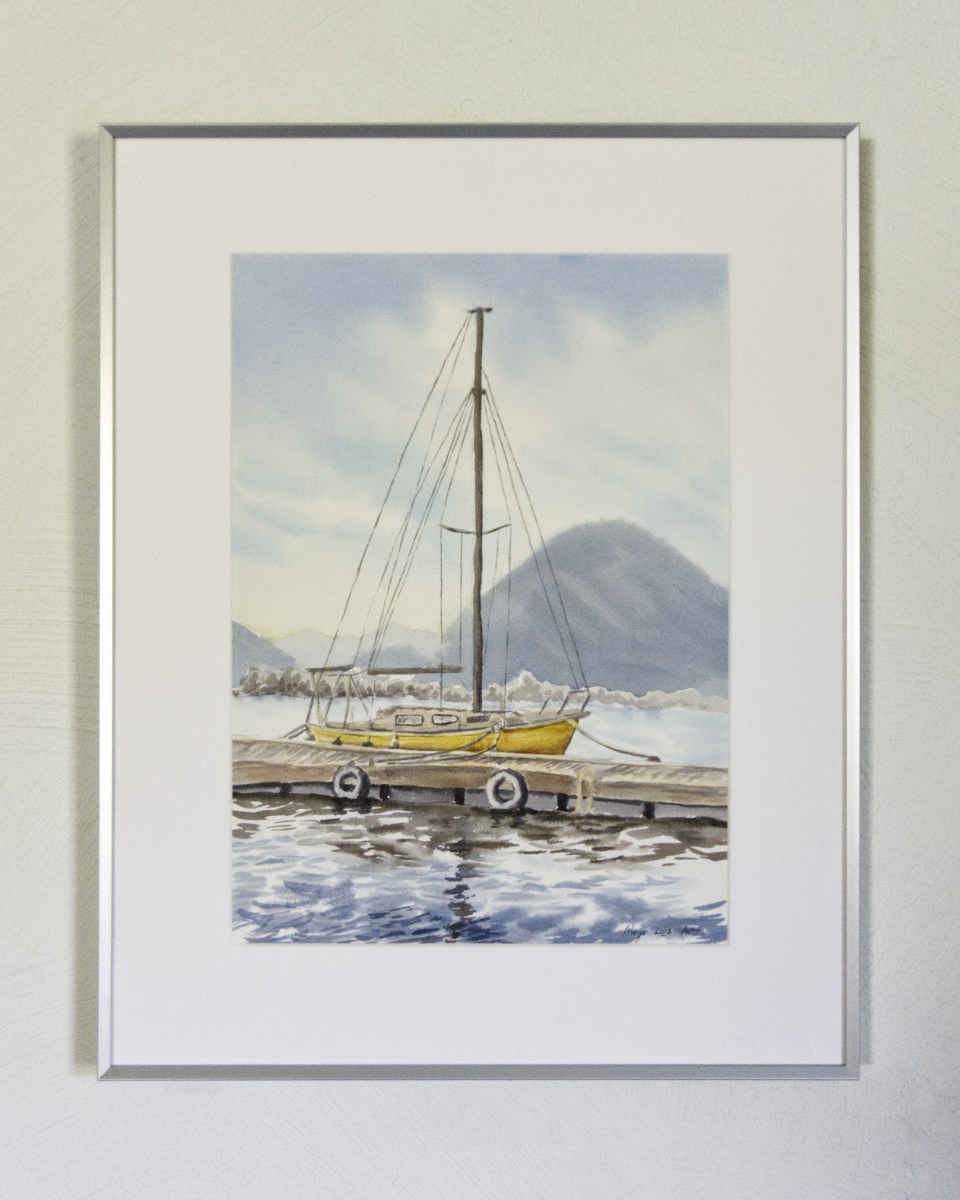 akvarellmaal Purjekas sadamas raamiga