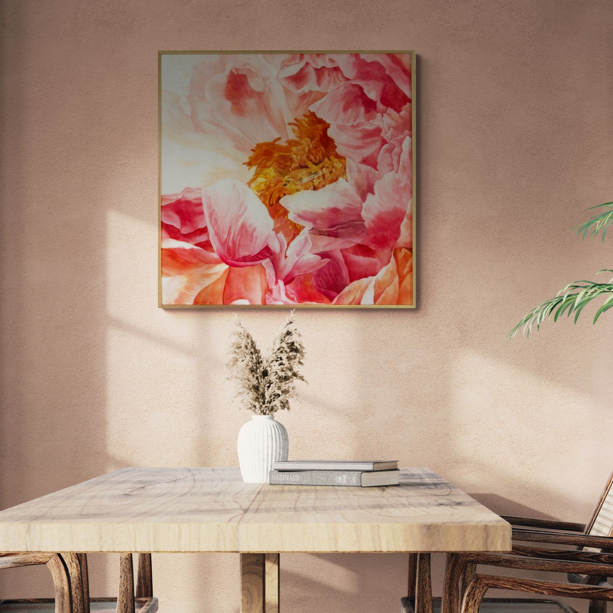 akvarellmaal Vaade pojengi südamesse interjööris