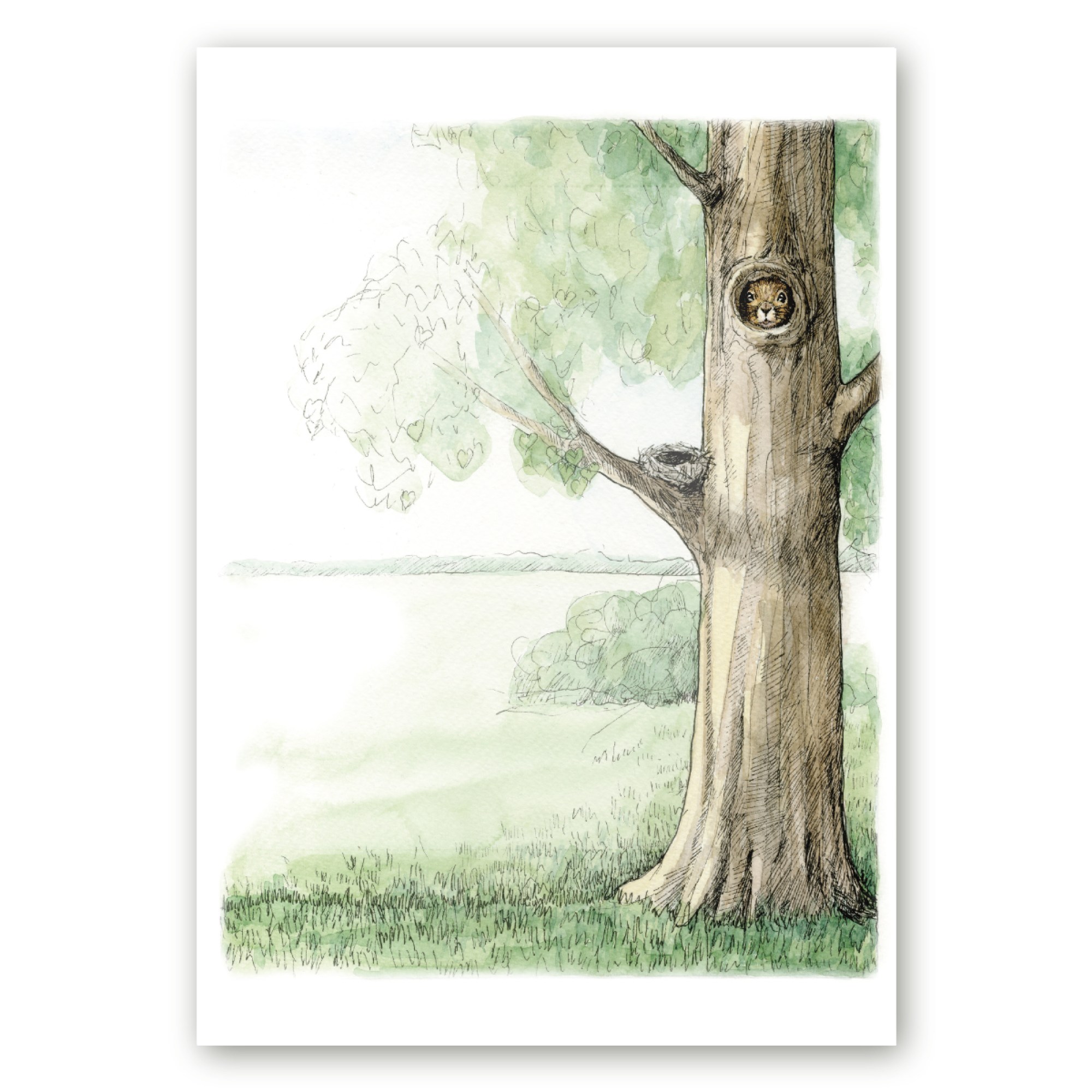 Poster puu otsas pesast välja vaatava oravaga, mis on loodud kunstnik Maria Välja illustratsioonist.