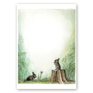 Poster kahe mängiva jänesepojaga metsas kunstnik Maria Välja illustratsioonist.