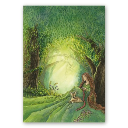 Poster Maria Välja illustratsioonist metsa roheluses istuvast metshaldjast, kes koob kirivööd.