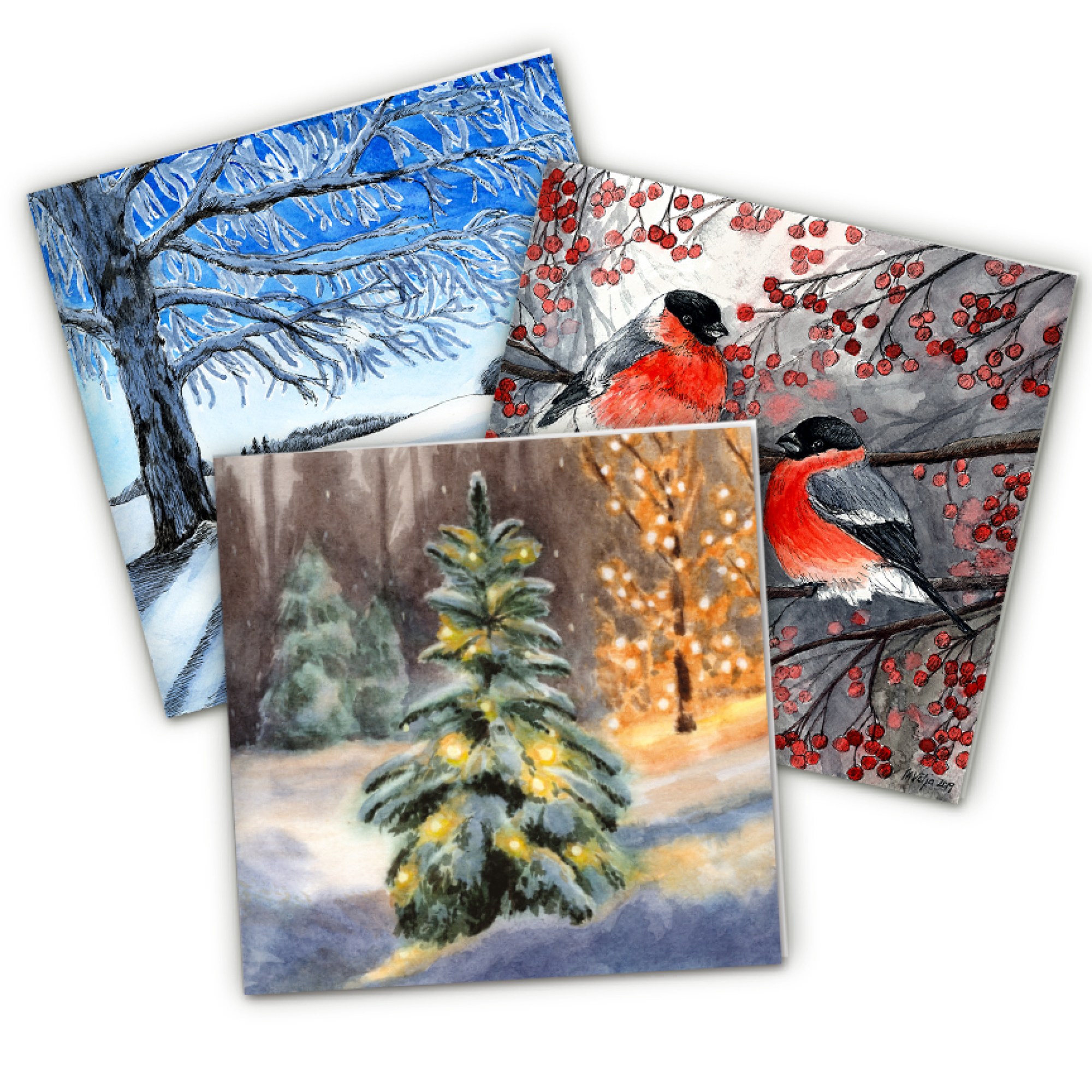 Kolm talvist kaarti - lumine jõulutuledes mets, härmas puu, leevikesed