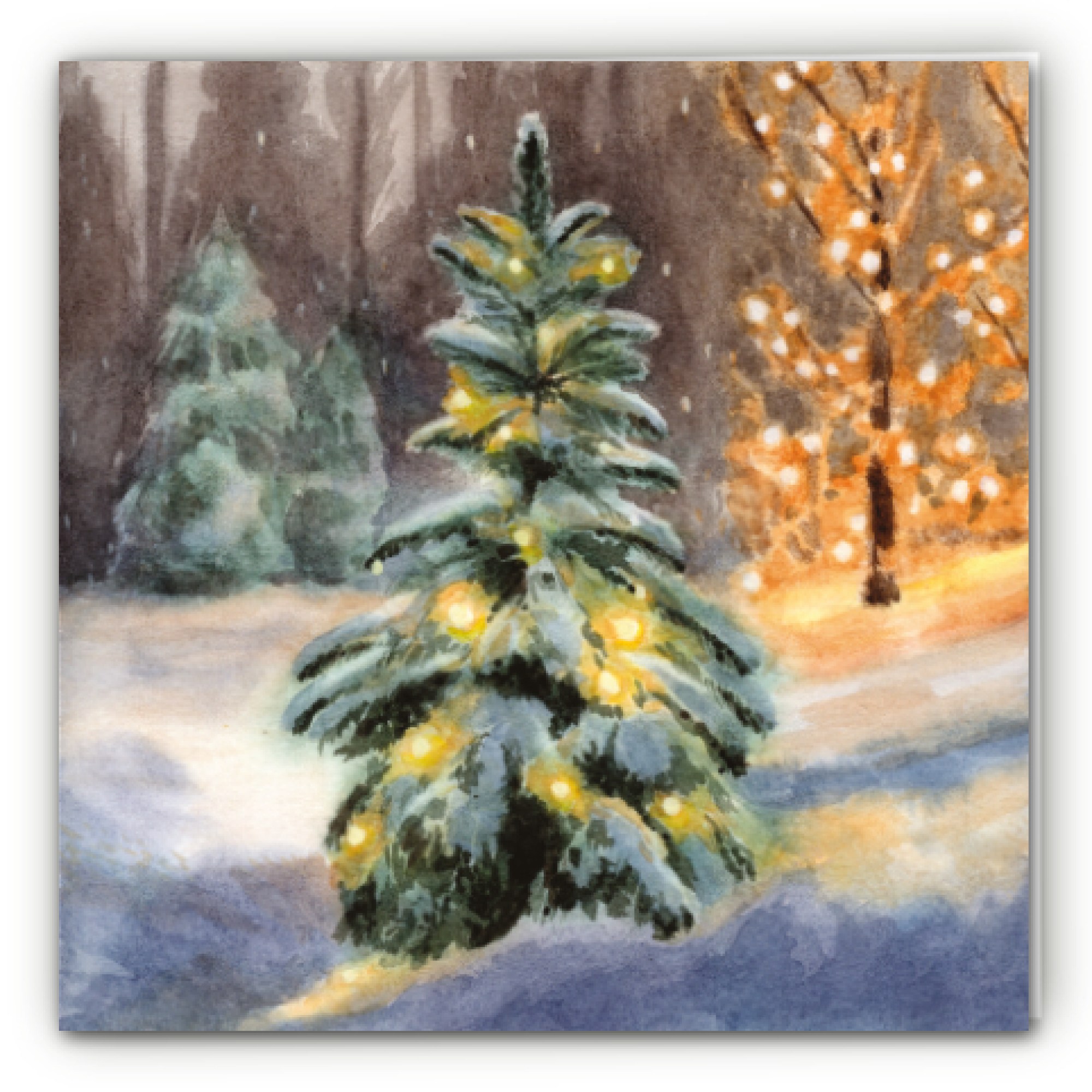 Õnnitluskaart pehme lumevaiba ja jõulutuledega talvisest metsast