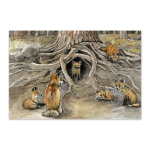 Postkaart illustratsiooniga rebaseperest mängimas koduõuel