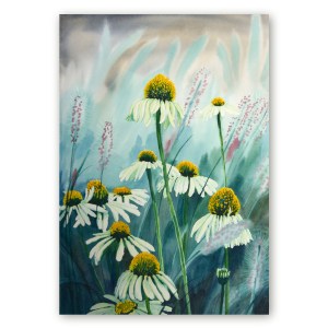 Akvarellmaal valgetest siilkübaratest sinakasrohelisel taustal, Maria Välja lillemaal.