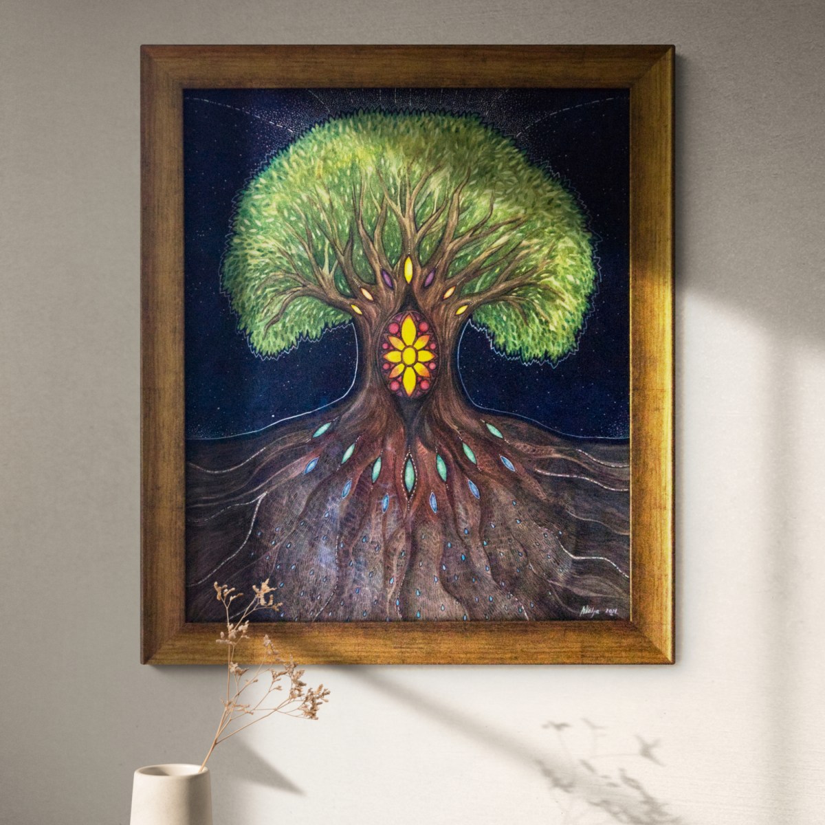 akvarellmaal Hingeaknad raamiga seinal