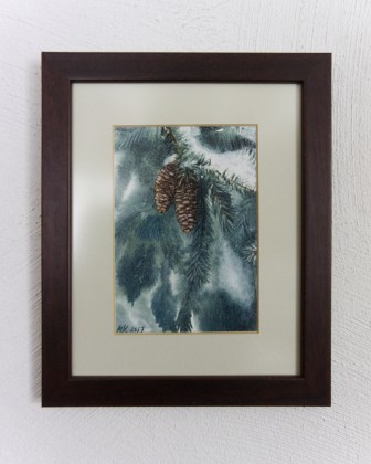 Akvarellmaal Käbid kuusel raamis