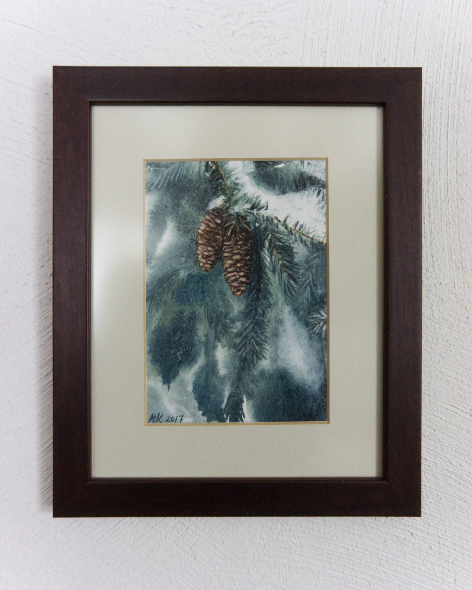 Akvarellmaal Käbid kuusel raamis