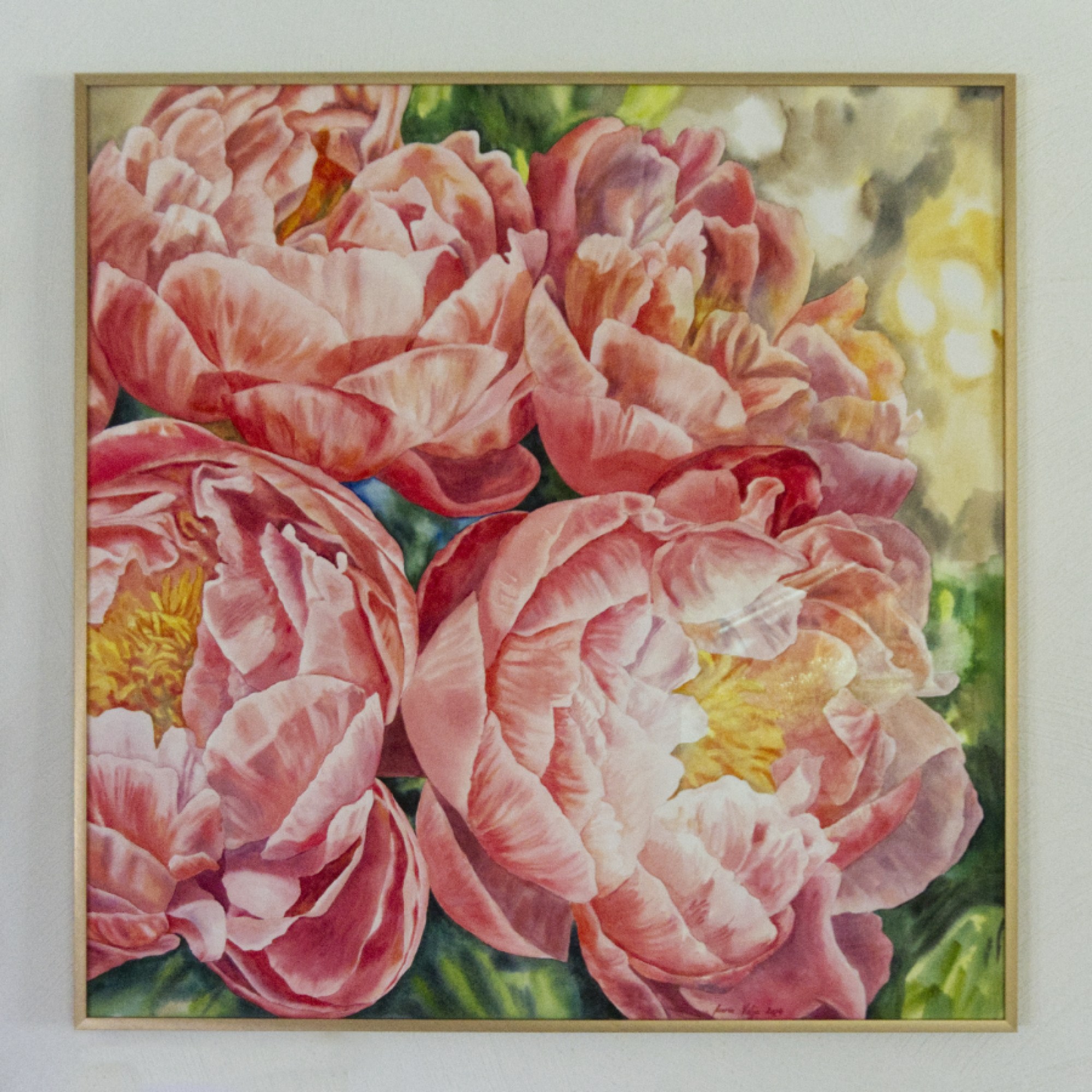 akvarellmaal Pojengid suvesoojuses raamiga