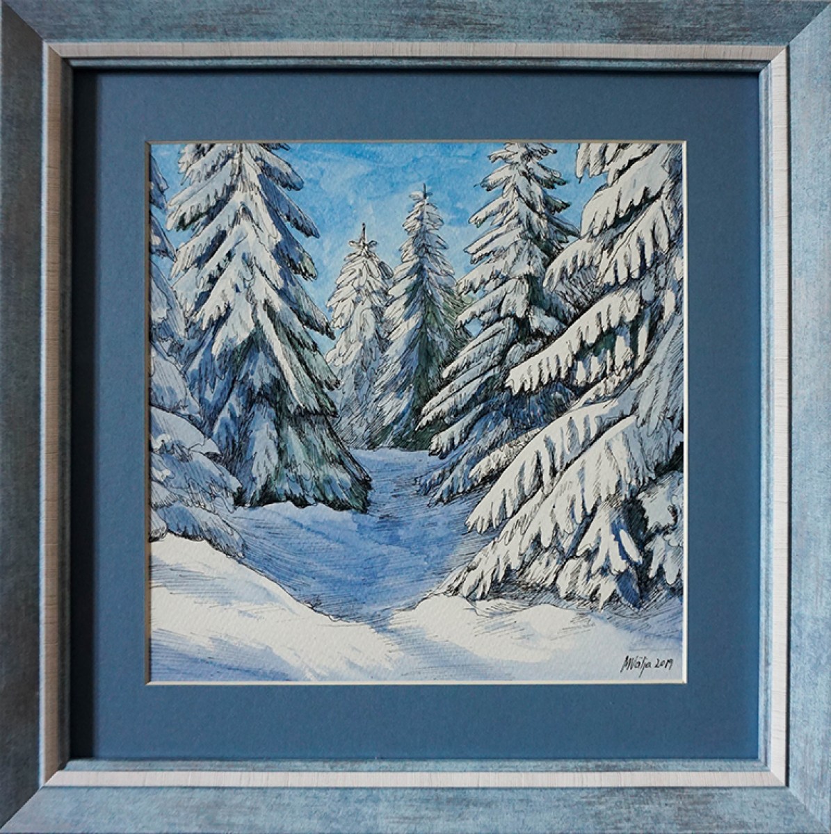 Akvarellmaal tindijoonistusega - Jõuluhommikune metsaskäik isaga