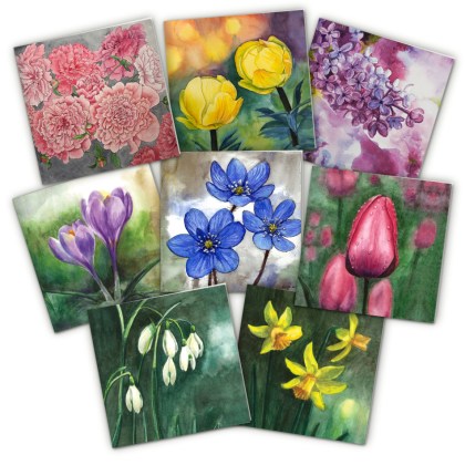 8 lilledega õnnitluskaardiga komplekt