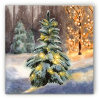 Õnnitluskaart pehme lumevaiba ja jõulutuledega talvisest metsast