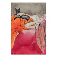 Postkaart illustratsioonist naisega, kellel on kass kaisus