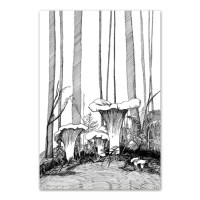 Postkaart tindijoonistusega kukeseeneperest metsas