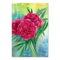 Postkaart akvarellmaaliga fuksiavärvi pojengidest