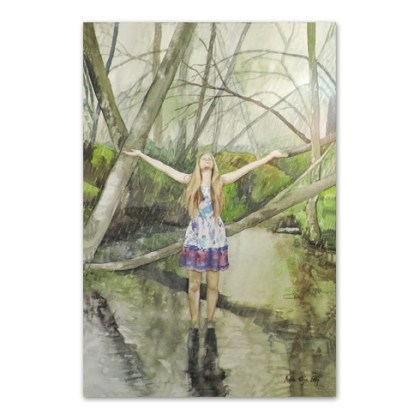Postkaart vihmas seisva naisega