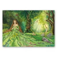 Akvarellidega illustratsioon rohelises kleidis naisfiguurist looduses, Maria Välja loodud looduslik ja rahulik kunstiteos.